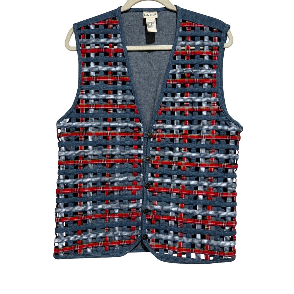 Vintage Koret City Blues Denim Lattice‎ Woven Vest Red White Blue SZ M Americana